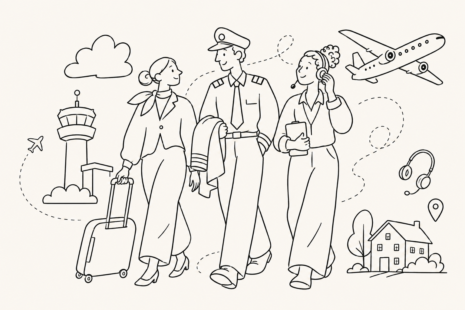 Black line drawing of a flight attendant, pilot, and air traffic controller walking together